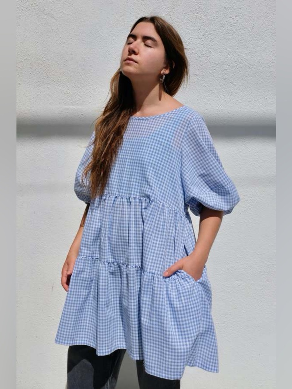 NEW A Bronze Age Nati Dress, M in Blue and White Gingham Cotton Linen